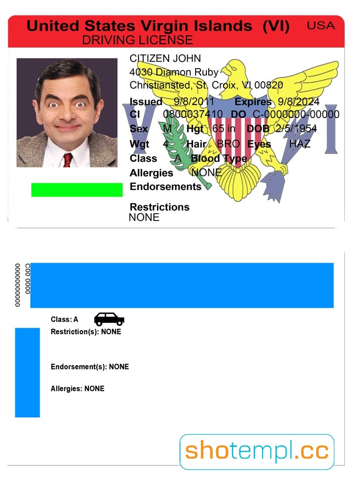 US Virgin Islands Driver License PSD Template